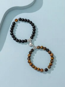 2入組天然石珠子和愛心、、八卦和手部紋路的彈性手鍊套裝,適用於情人節女士和情侶 - 彩色 - 查看 8