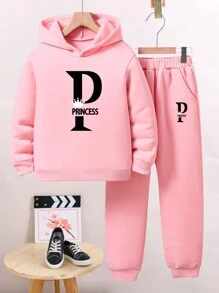 2pcs/Set Tween Girls' Letter Pattern Sweatshirt And Drawstring Pants Outfit - Pink - View 1