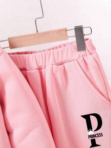 2pcs/Set Tween Girls' Letter Pattern Sweatshirt And Drawstring Pants Outfit - Pink - View 5