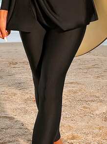 Solid Color Side Waist Twist Long Sleeve Top And Pants Burkini Tankini Set For Beach Vacation Summer - Black - View 5