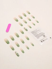 Nâng tầm phong cách của bạn với 24 chiếc quan tài dài màu xanh lá cây ombre đính đá trang trí hình trái tim Móng tay giả & 1 dũa móng tay & 1 tờ băng ép trên móng tay Đồ dùng làm móng - màu xanh lá - Xem 5