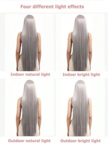 1 Meter Black Natural Long Straight Hair Fake With Bangs Synthetic Female Wig, Suitable For Everyday Use, Halloween Wig Parties And Festive Wear - Grey - View 9