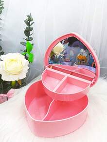 1個粉色愛心設計化妝品收納盒帶鏡子珠寶收納盒雙層桌面可摺疊化妝品整理盒帶梳妝鏡,適用於浴室臥室,是少女女性最好的禮物,還可當作diy珠寶盒、粉色愛心形妝品首飾收納盒,桌面擺飾盒帶有鏡子 - 粉色 - 查看 4