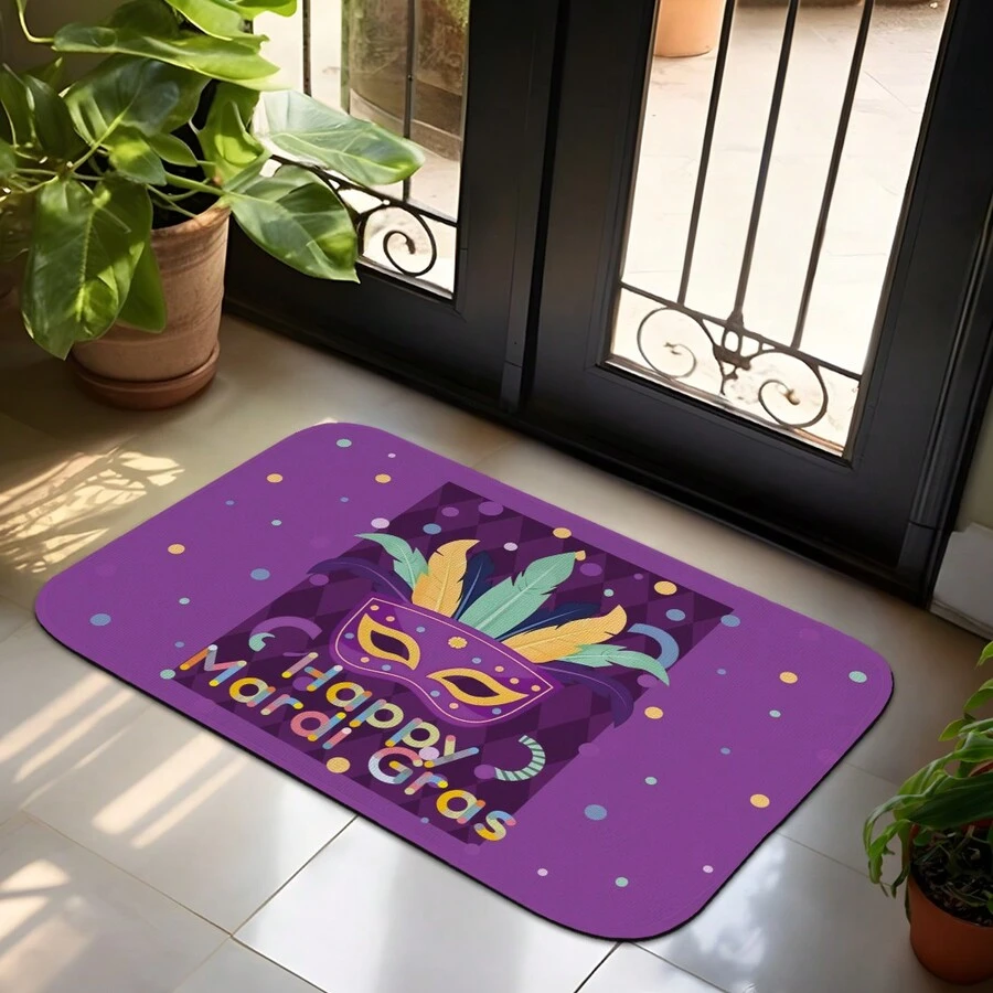 1pc Carnival Mask Pattern Crystal Velvet Mat, 60*40cm/23.6*15.7inch, Water Absorbent And Non-Slip, For Bathroom, Kitchen, Living Room, And Bedroom Decoration - Multicolor - View 1