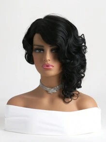 Women's Fashionable Fluffy & Natural Long Curly Hair Synthetic Wig With Side Bangs,14 Inch,Black,Suitable For Daily Wear - 黑色 - 查看 4