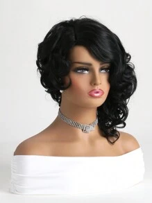 Women's Fashionable Fluffy & Natural Long Curly Hair Synthetic Wig With Side Bangs,14 Inch,Black,Suitable For Daily Wear - 黑色 - 查看 3