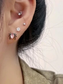 2pcs/Set Sweet & Cool Black Spider Shaped Earrings With Heart Detail Design, Mini & Minimalist Style Women's Stud Earrings - Pink - View 3