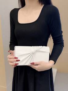 女士時尚的皮革扭結設計蓋子手拿包,白色新娘派對晚宴包鏈條款 - 白色 - 查看 3