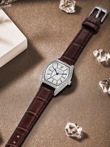 Luckyfox 干电池女士小众复古酒桶表壳镶嵌水钻商务精致风格高端感真皮表带手表适合日常生活 - 咖啡棕 - 查看 2