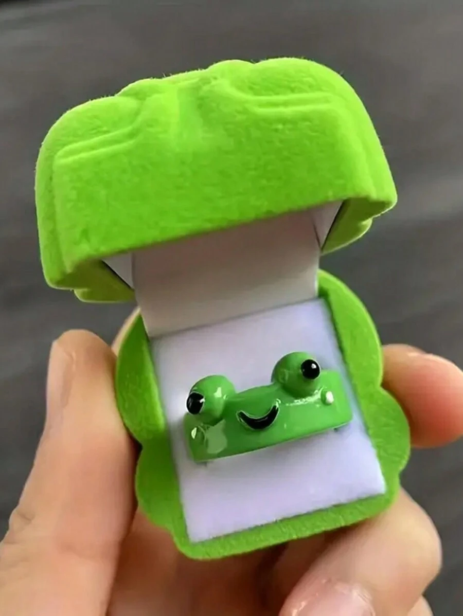1入青蛙樹脂戒指可愛的動物丙烯酸戒指套裝有趣的厚實指甲扣環少女的友誼禮物 (不含盒子) - 綠色 - 查看 1