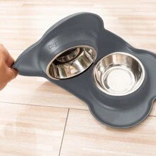 1pc Stainless Steel Double Bowl Pet Feeding Bowl, Anti-Spill & Anti-Overflow With Tray For Small And Large Dogs - Grey - View 5