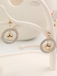 1pair European And American Style Double-Layer Round Dangle Earrings With Ball Pendant And Rhinestones - Yellow Gold - View 6