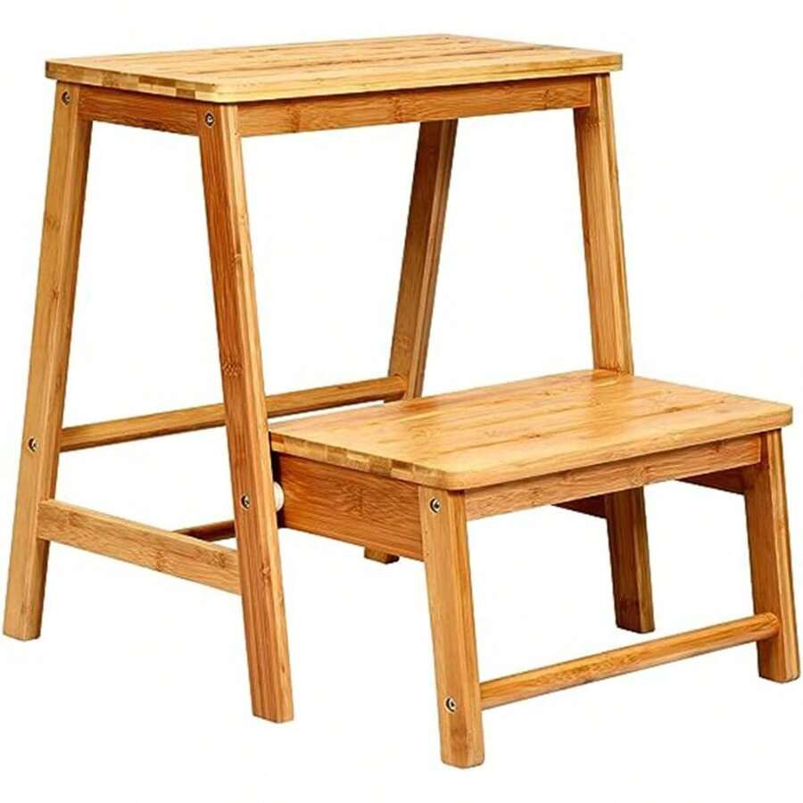 Foldable Step Stool, 48cm High Footstool Made Of Bamboo, Load Capacity Up To 100 Kg, Step Stool With 2 Steps, Toilet Trainer For Children, Ideal For Home, Kitchen & Garage - 卡其色 - 查看 1