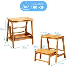 Foldable Step Stool, 48cm High Footstool Made Of Bamboo, Load Capacity Up To 100 Kg, Step Stool With 2 Steps, Toilet Trainer For Children, Ideal For Home, Kitchen & Garage - 卡其色 - 查看 3