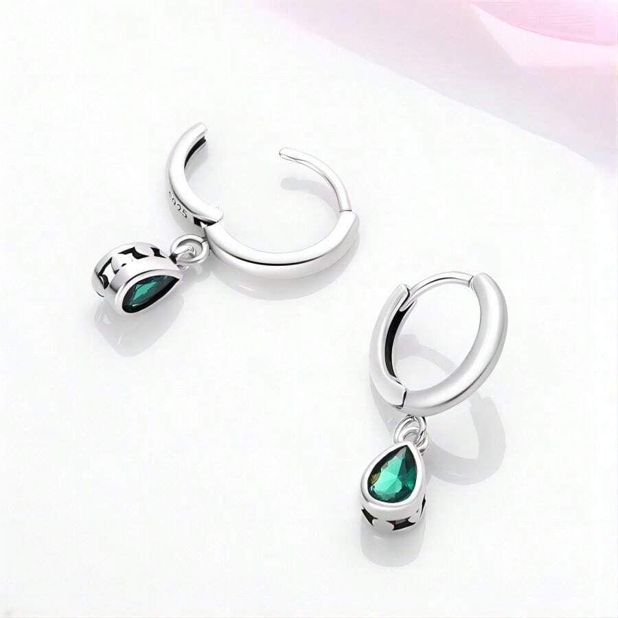 1 Par Pendientes Con Colgante En Forma De Lágrima Verde De Plata Esterlina Estilo Simple, Diseño Versátil Adecuado Para Joyería De Mujer Minimalista Y Moderna - Albaricoque - Ver 1