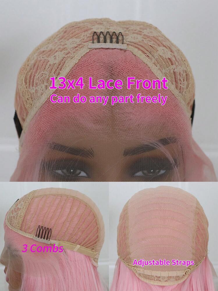 13*4 Pink Lace Front Wigs Colored Long Straight Hair Pastel Pink Wig Heat Resistant Middle Part Lace Wig Natural Hair 180% Density Synthetic Lace Front Wigs For Fashion Women - Pink - View 7