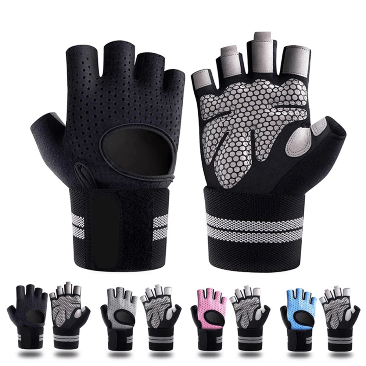 1對帶腕部支撐的健身手套,半指瑜伽訓練戶外騎行運動手套-男女通用 - 黑色 - 查看 1