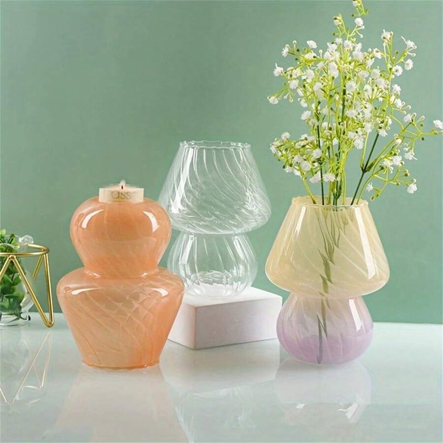 1入組玻璃花瓶蠟燭台兩用,可愛的蘑菇桌燈小花瓶,餐桌ins風格裝飾家居花瓶 - 彩色 - 查看 1