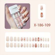30pcs Wearable Artificial Nail Set, Medium Length, Ballet Style, Sweet & Lovely Butterfly & Flower Design, Nail Art For Fingers X-188-109 - Pink - View 2