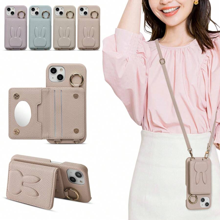 帶有可愛兔子設計和長款掛繩的手機殼,時尚且兼容iphone6/7/8/se2/se3 11 13 14 - 杏桃粉紅色 - 查看 1