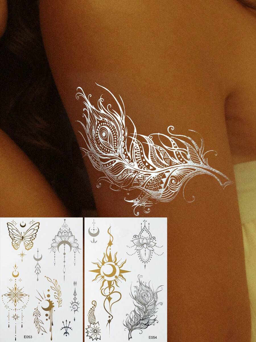 2 Trang tính Vàng bạc Tia sáng Hình xăm dán mặt trời Loại bướm Mặt trăng Lông vũ Hình xăm dán tạm thời - Vàng - Xem 1