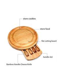1pc Cheese Board Set With Cheese Knives & Forks, Bamboo Cheese Board Set With Drawer, Wooden Serving Platter For Cheese, Pizza, Bread, Snacks, Desserts & Party Food, Round Chopping Board For Kitchen, 2pcs Dinner Plate Sets, Bamboo Cheese Board Set, Unique Gift For Mother's Day, Housewarming, Wedding & Bridal Shower - Apricot - View 6