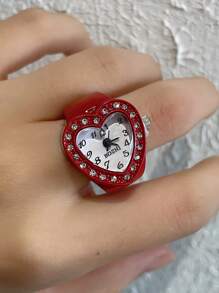 1枚時尚的心形紅寶石和鑽石裝飾戒指手錶,適用於女士珠寶飾品 - 紅色 - 查看 1