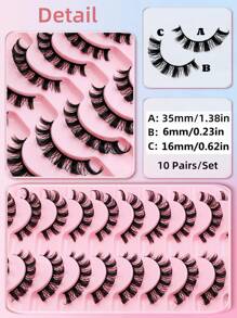 假睫毛,10對D卷俄語濃密卷翹充分條人造睫毛3D交叉戲劇性毛茸茸假睫毛假睫毛 - 黑色 - 查看 3