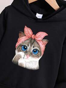 幼童女孩貓紋印花連帽衫和運動褲套裝,適用於冬季 - 黑色 - 查看 4