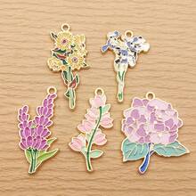 5pcs Flower Charm For Jewelry Making Enamel Pendant Zinc Alloy Gold Plated - Multicolor - View 1
