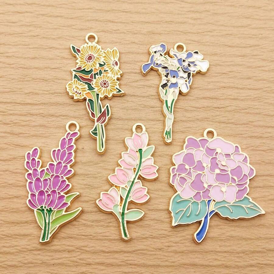 5pcs Flower Charm For Jewelry Making Enamel Pendant Zinc Alloy Gold Plated - Multicolor - View 1