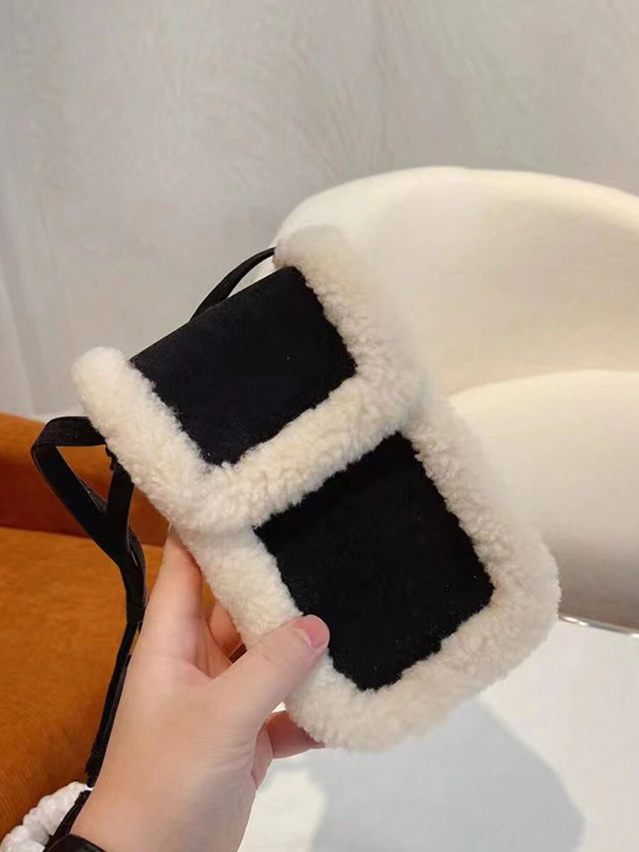 Winter New Style Women'S Mobile Phone Bag, Fluffy Sheepskin Mini Cream Mobile Phone Bag, Plush Shoulder Crossbody Coin Purse, Fashionable Contrast Color Vertical Mini Mobile Phone Bag - Black - View 1