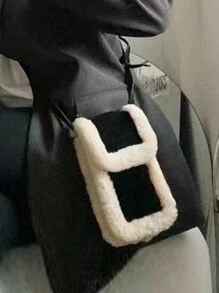 Winter New Style Women'S Mobile Phone Bag, Fluffy Sheepskin Mini Cream Mobile Phone Bag, Plush Shoulder Crossbody Coin Purse, Fashionable Contrast Color Vertical Mini Mobile Phone Bag - Black - View 2