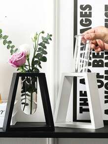 1個木質水耕花瓶，復古風格花瓶，透明玻璃花瓶底座，木製框架，桌上家居裝飾 - 黑色 - 查看 1