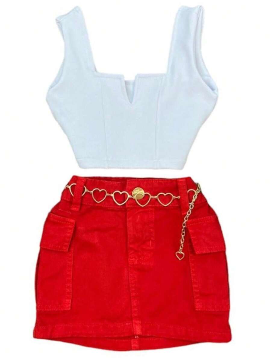 Tween Girls Denim Two-Piece Outfits - 紅白色 - 查看 1