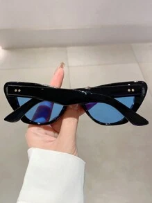 2024新款时尚超大猫眼女士时尚眼镜，复古风格双色框架装饰眼镜 - 藍色 - 查看 3