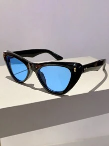 2024新款时尚超大猫眼女士时尚眼镜，复古风格双色框架装饰眼镜 - 藍色 - 查看 2