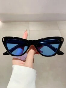 2024新款时尚超大猫眼女士时尚眼镜，复古风格双色框架装饰眼镜 - 藍色 - 查看 1