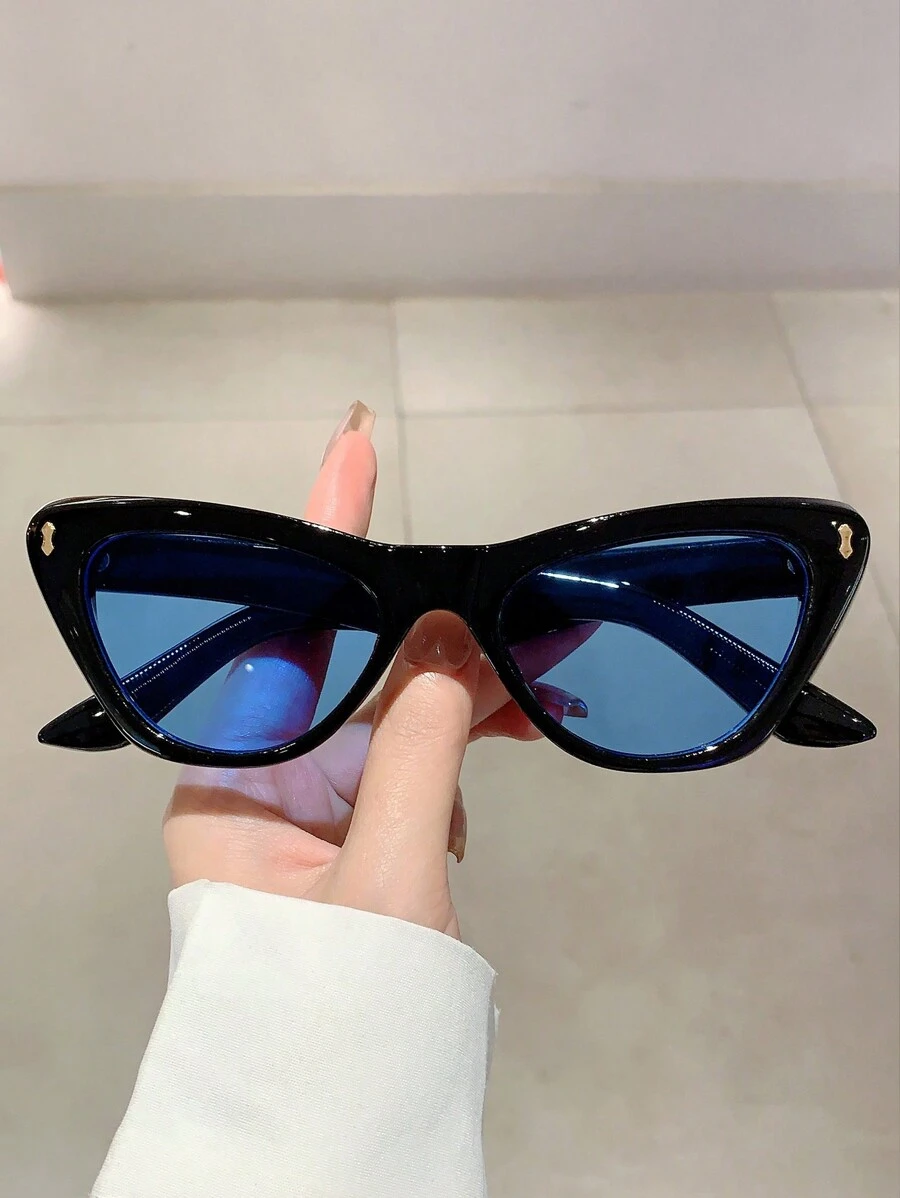 2024新款时尚超大猫眼女士时尚眼镜，复古风格双色框架装饰眼镜 - 藍色 - 查看 1