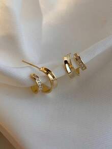 1pair Copper Alloy Double-Layered C Design Minimalist Earrings For Women - Gold - View 3