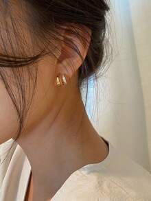 1pair Copper Alloy Double-Layered C Design Minimalist Earrings For Women - Gold - View 4