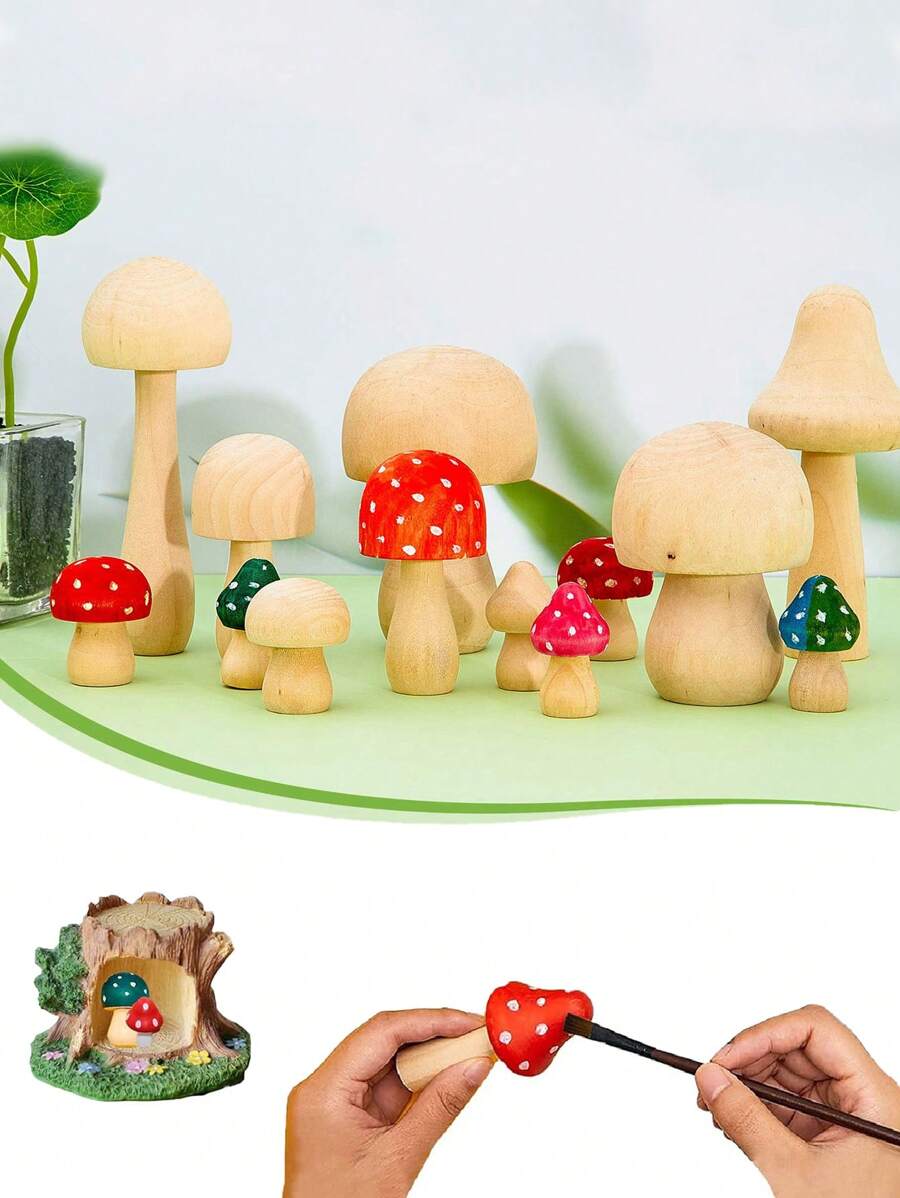 10 Piezas-unfinished Hongo De Madera Para Manualidades, Setas De Madera Naturales Para Pintar, Setas Pequeñas De Varios Tamaños, Decoración De Hongos De Madera Para Proyectos De Arte Y Manualidades, Decoración Y Más Colores De Pintura Diy - color madera - Ver 1