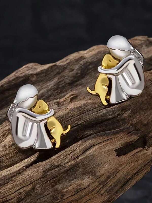 1 par de pendientes elegantes y lindos de diseño simple de perro dorado y chica plateada, estilo creativo para mujeres
