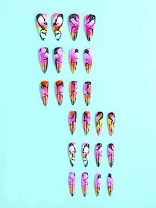 24pcs Almond Shaped Nail Art Tips, Gothic Style Color Block Design, Comes With 1pc Jelly Glue And 1pc Nail File, Suitable For Women's Nail Decoration Art - Multicolor - View 4