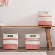 (3入組)櫃架收納籃,正方形編織繩收納籃,小型洗衣籃,收納編織籃,幼兒室、客廳、洗衣間、臥室玩具箱,可用來存放玩具、雜物、內衣褲、襪子、毛巾,尺寸：11x11x11英寸,25升,西瓜紅和白色 - 紅色和白 - 查看 7