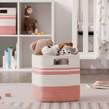 (3入組)櫃架收納籃,正方形編織繩收納籃,小型洗衣籃,收納編織籃,幼兒室、客廳、洗衣間、臥室玩具箱,可用來存放玩具、雜物、內衣褲、襪子、毛巾,尺寸：11x11x11英寸,25升,西瓜紅和白色 - 紅色和白 - 查看 6