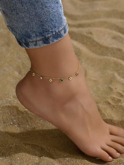 1入時尚空心太陽造型立方氧化鋯鑲嵌不銹鋼腳鍊,適用於女性所有假期性感赤足腳飾珠寶