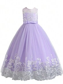 紫色蕾丝长款花童礼服，女孩婚礼伴娘生日派对节日正式礼服，公主舞会礼服，毕业典礼，复活节 - 淡紫色 - 查看 8