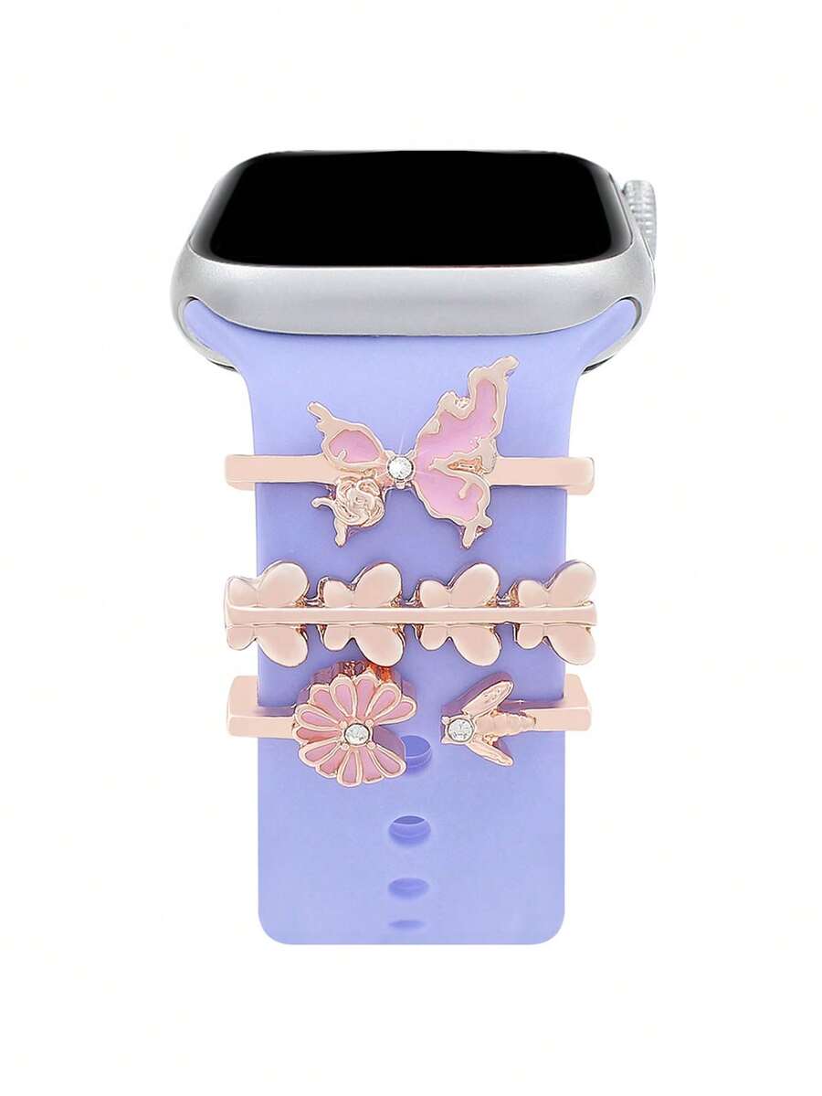 3pcs Watch Band Decorative Ring, Multi-Color Butterfly Electroplated Rhinestone Stud, Compatible With Apple/Samsung/Huawei Silicone Watch Bands (Watch And Watch Band Not Included) - Rose Gold - View 1