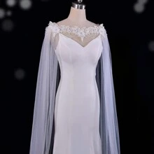 1pc Bridal Shawl, Wedding Dress Pearl Shawl, Pearl Mesh Cape For Wedding Party Show Fall Clothes For Women - White - View 4